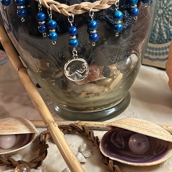 Tan Faux Suede Braided Choker, Blue Stones & Mermaid charm - Picture 4 of 7